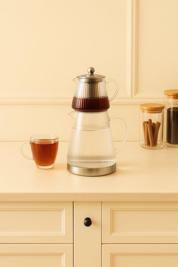 Bavary Theepot met Zeef - Zilver Accenten - Glas - Met Deksel - Geribbeld - Design