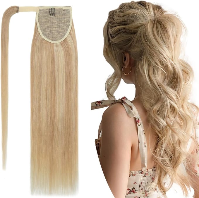 Ponytail Haarstuk met Clip-in Extensions voor Lang Haar, Honigblond en Hellblond, 45.7 cm (90g) Echthaar Remy met Pony