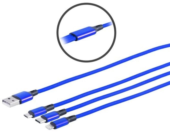 USB 3in1 Ladekabel A Stecker auf USB Micro B + USB Typ C + 8-pin Stecker, blau, 1,2m