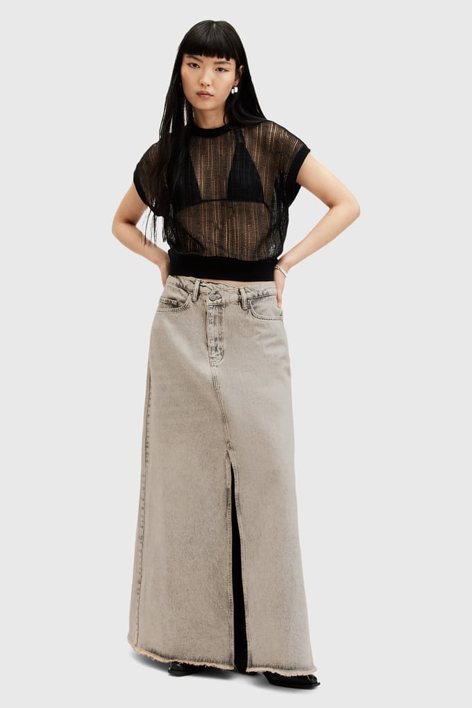 AllSaints Noir Maxi Skirt Sand Grey Größe: 12 | Maxiröcke Outlet | Damen | Braun