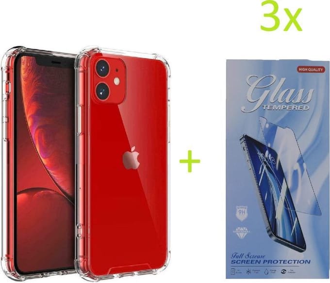 Backcover Geschikt voor: iPhone 11 - Anti Shock Silicone Bumper - Transparant + 3X Tempered Glass Screenprotector