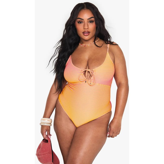 boohoo Dames PLUS TEXTURED STRIPE CUTOUT BADKOSTUUM | Orange | Maat: 26