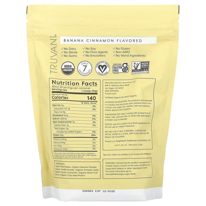 Truvani, Protéine Végétale, Banane Cannelle, 1,39 lb (629 g)