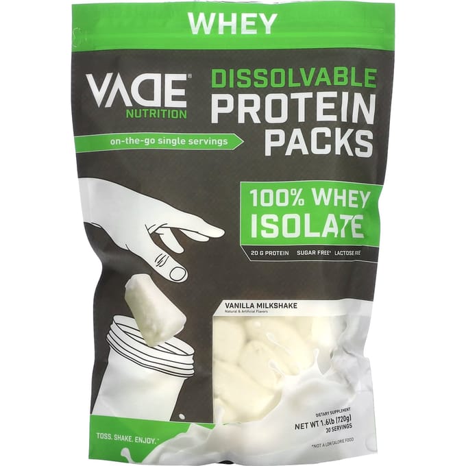 Vade Nutrition, Pack de Protéines Solubles, 100% Isolat de Whey, Milk-shake Vanille, 1,6 lb (720 g)