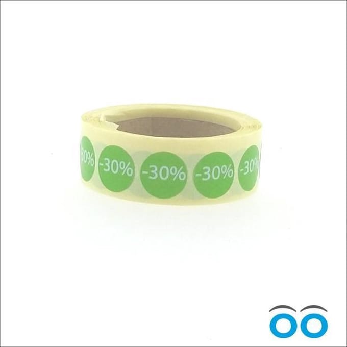 Promotiesticker - Etiket - Reclamesticker - 30% korting - rond 16 mm - groen-wit - rol à 500 stuks