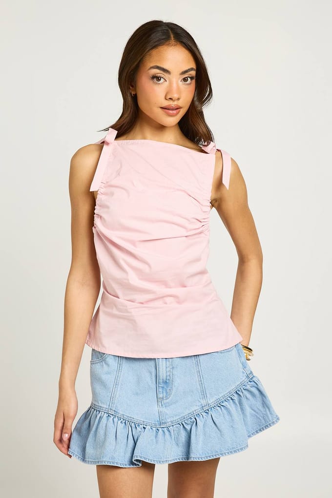 boohoo Dames Poplin Top Met Strikschouder | Roze | Maat: 36
