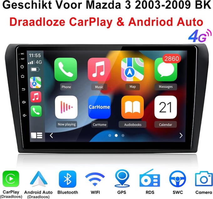 Junsun Android 15 Autoradio Geschikt Voor Mazda 3 2003-2009 BK Accessoires, 6GB+128GB, Draadloze CarPlay & Andriod Auto, DAB+, GPS-Navigatie, Bluetooth, 9-inch HD IPS Touchscreen, DSP, 4G, Octa-core processor