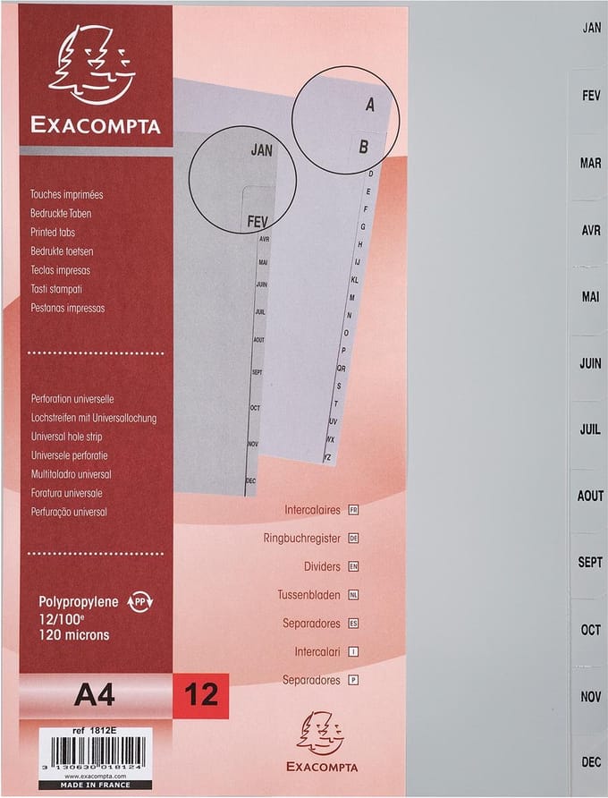 Exacompta 10x Tabbladen met bedrukte tabs in gerecycled PP - 12 tabs - januari/december - A4 - Grijs - 1812E