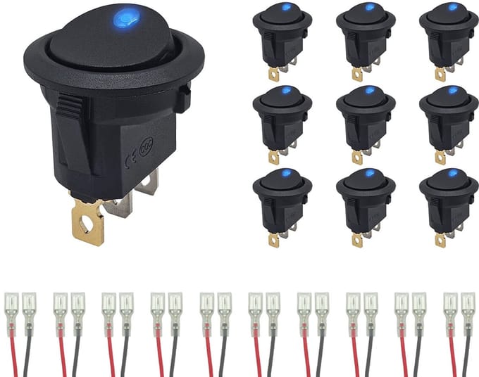 ProRide Wipschakelaar ON-OFF KCD2-12 - met Aansluitkabels - 3 pins - Rond - 12V/20A - LED indicator Blauw - 10 stuks
