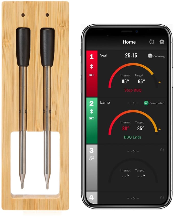 Velmio Vleesthermometer - Draadloos - Barbecue Thermometer - 50 Meter Bereik - Bluetooth - Double Probe - 7 uur werktijd