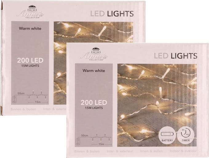 Anna's Collection Kerstverlichting lichtsnoer - 2x - 200 led lampjes - warm wit - 15 m - batterij - timer functie - kerstlampjes