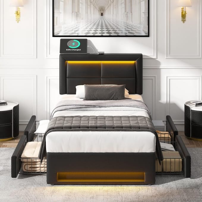 Eenpersoonsbed 90x200 cm met opbergruimte, USB en LED verlichting, gestoffeerd bedframe