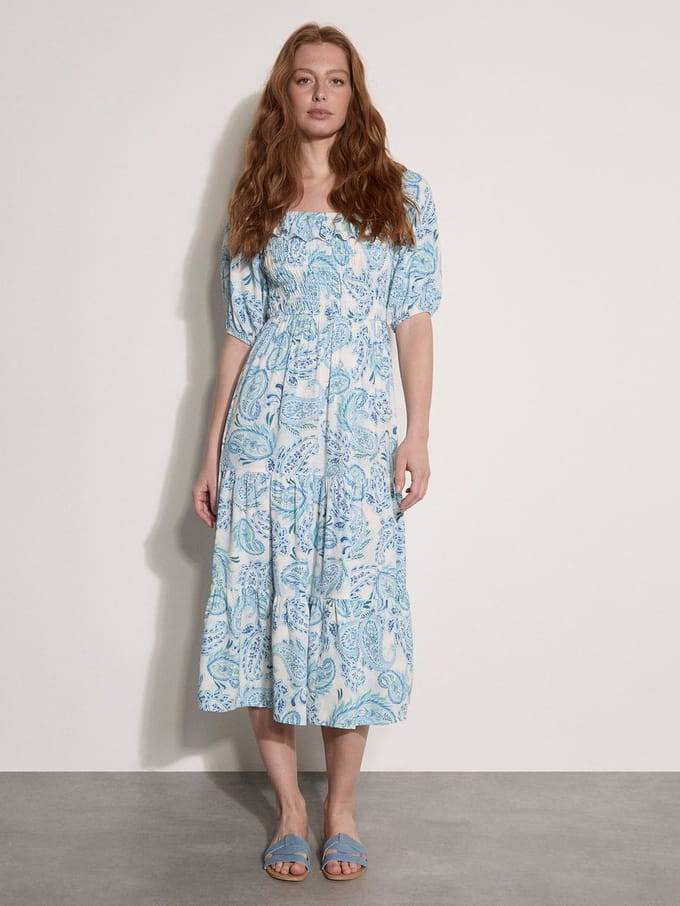 Midi-jurk met melkmeisjesmodel en paisleyprint