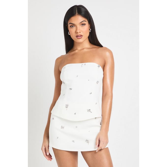 boohoo Dames Diamante Versierd Bandeau Top | Wit | Maat: 34