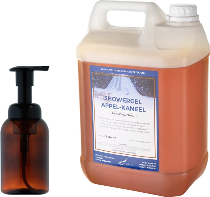 Zeepdispenser 300 ml amber bruin hervulbaar + 5 liter Showergel Appel-Kaneel navulling