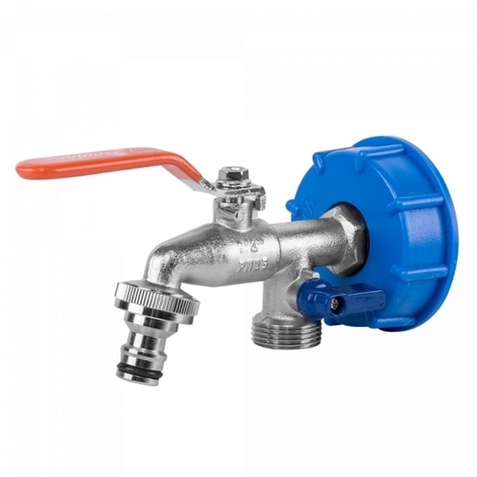 Bradas IBC-adapter S60x6 – Dubbele 3/4" Kraan + Twee 3/4" Tapadapters – Vernikkelde Messing