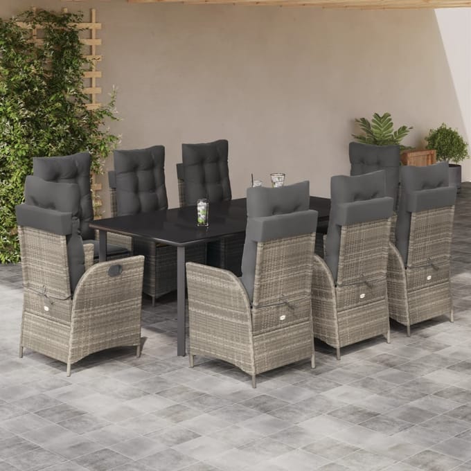vidaXL - 9-delige - Tuinset - met - kussens - poly - rattan - lichtgrijs