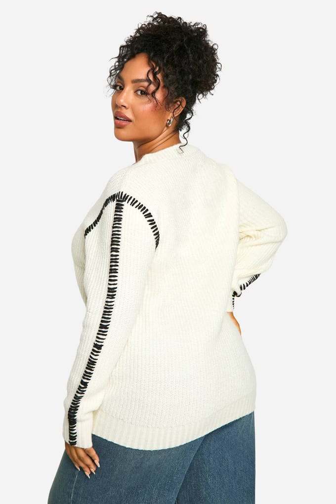 boohoo Dames Plus Premium Contrast Trim V-hals Longline Trui | Ecru | Maat: 22