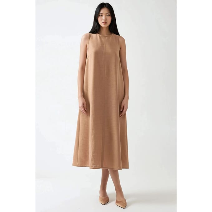 Linnenachtig Mouwloos Crew Neck Midi-jurk