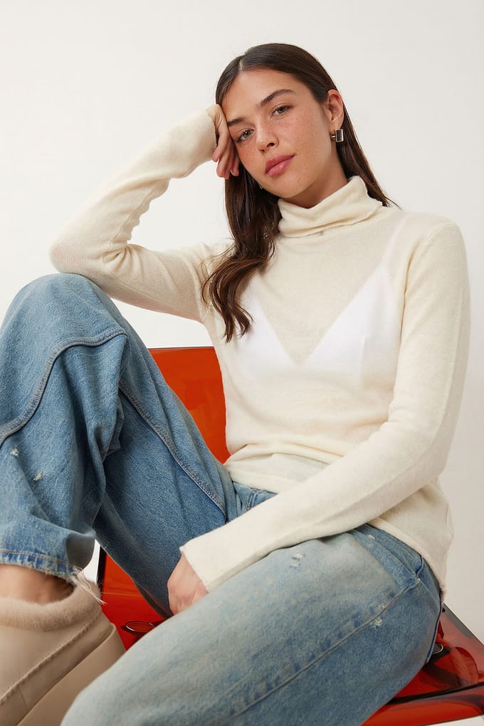 Slim Fit Turtleneck Lange Mouw Transparante Blouse
