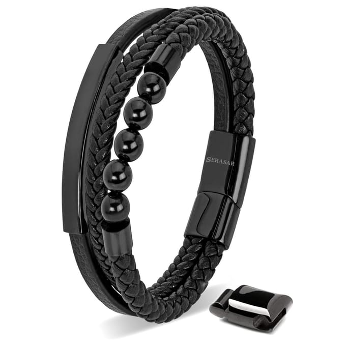 SERASAR Lederen Herenpolsbandje [Pearl] - Zwart 17cm - Geweldig-Idee