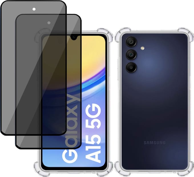 Hoesje + 2x Privé Screenprotector geschikt voor Samsung Galaxy A15 – Privacy Tempered Glass - Case Transparant