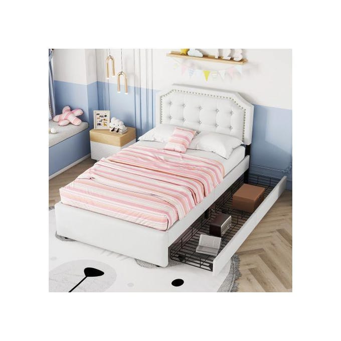 Lit - MUVOE - 90x200 cm - Beige clair - Rembourré avec tiroirs - Design élégant beige