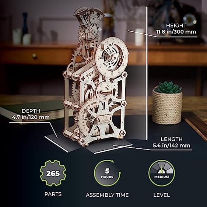 Houten 3D Motor Klok - Mechanisch Bouwpakket voor Volwassenen - Functioneel DIY Houten Klok Model