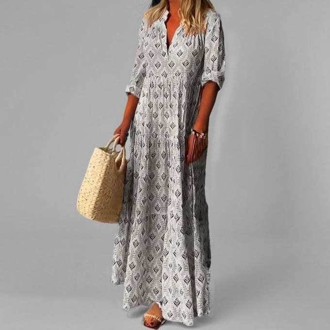 Lente Nieuwe Dameskleding Retro V-hals Temperament Elegant Losse Jurk Lang M gray