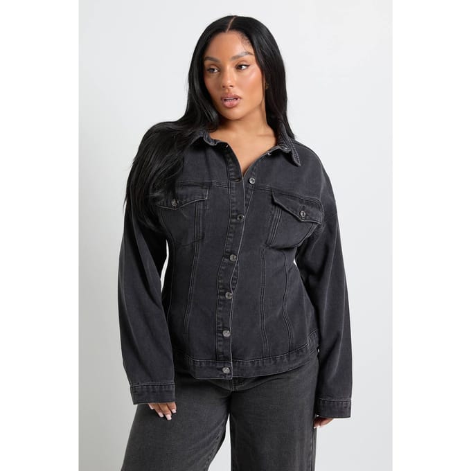 boohoo Dames Plus Getailleerde Denim Jas | Washed Black | Maat: 28