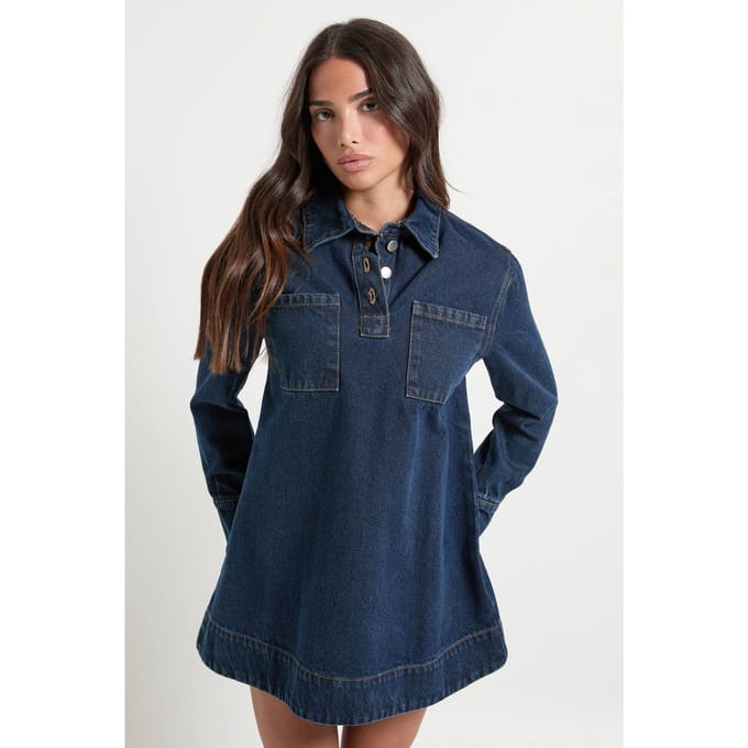 boohoo Dames Petite denimjurk met lange mouwen | Indigo | Maat: 4