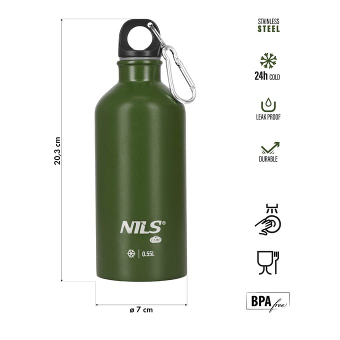 Nils Camp Thermosfles Groen 550ml - RVS, 24u Koel