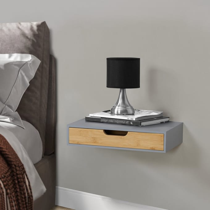 Wandplank set van 2 met lade Bokn bamboe 40x24x8 cm grijs [en.casa]