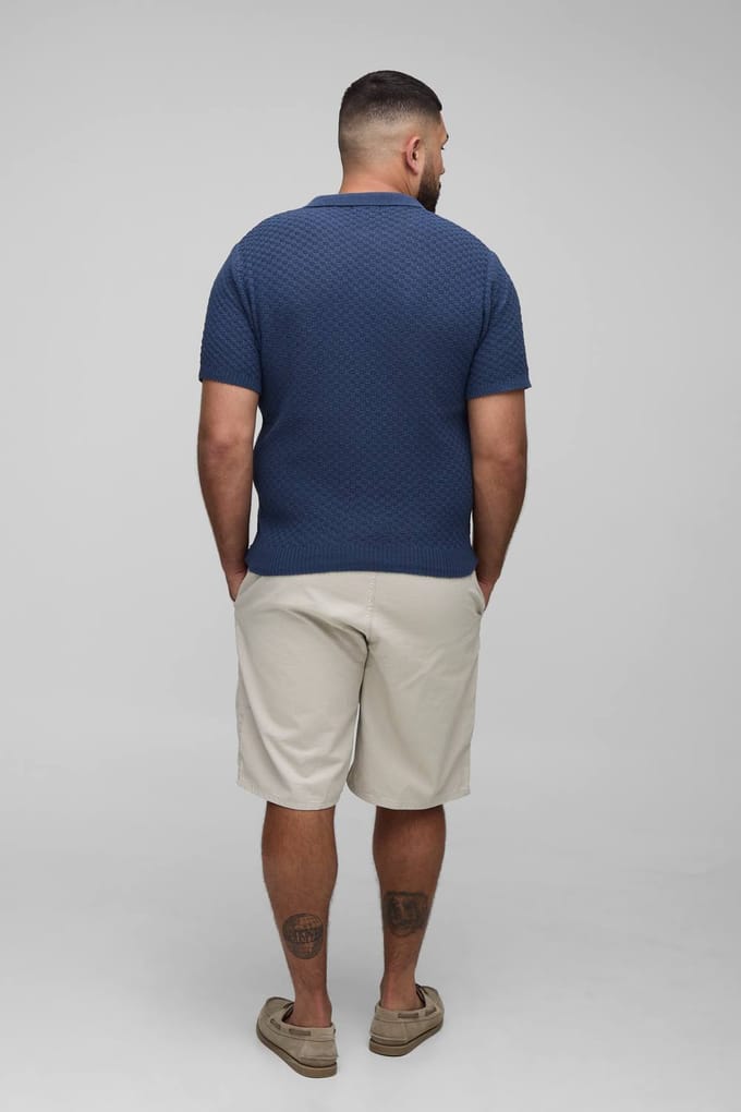 Plus Regular Fit Micro Ruit Gehaakte Polo Shirt | Navy | Size 2XL