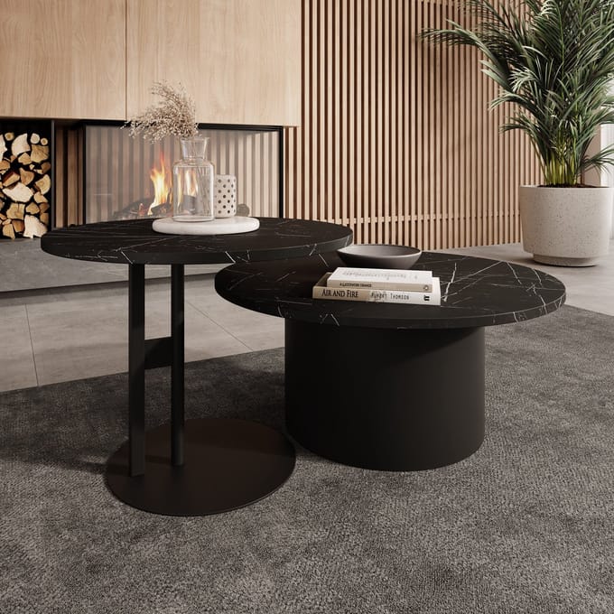 Meubella - Mastro - Salontafel set van 2 - Zwart marmerlook - 58-75 cm
