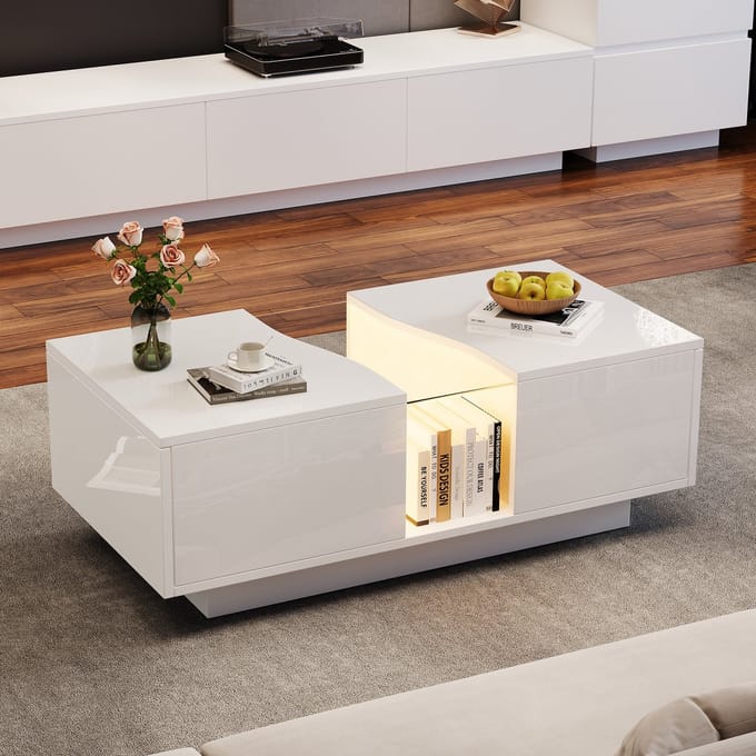 STILVORA Salontafels - Salontafel Met LED En Opbergruimte - 100x50x35 cm - MDF - Wit
