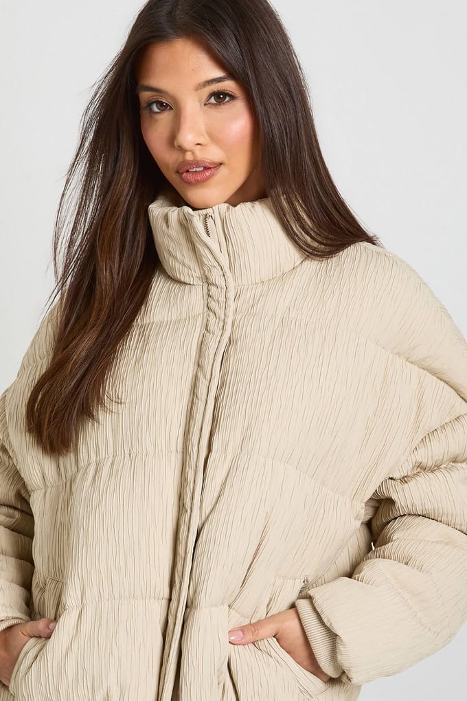 boohoo Dames Getextureerde Puffer Jas | Steen | Maat: 36