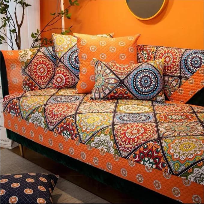 Bohemian Grid Patchwork Patroon Sofa Kussen Puur Katoenen Sofa Hoes Kussensloop Anti Slip Stofdicht Woonkamer Sofa Handdoek 90x70cm 1pcs