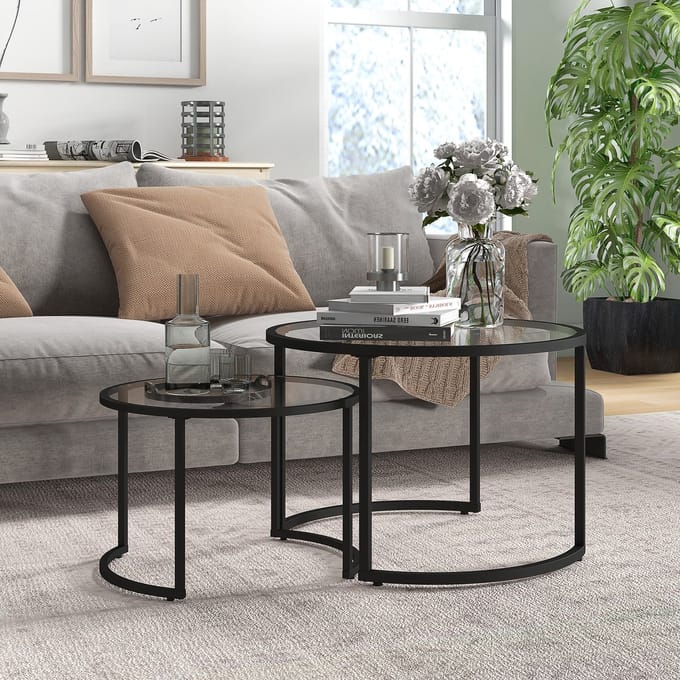 REDOM Salontafel set van 2 Ø70x47,5 cm & Ø54x42,5 cm, stalen frame met gehard glas
