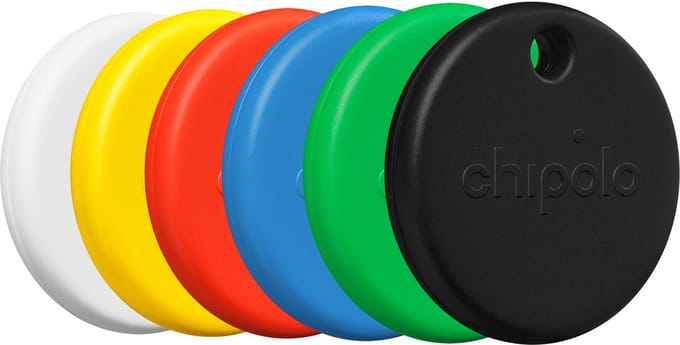 Chipolo POP - Bluetooth Tracker & KeyFinder - Werkt met Apple Find My & Android Find My Device - Tracker Apple iPhone & Android - 120 dB - Zwart & Wit & Rood & Blauw & Geel & Groen - 6 Pack