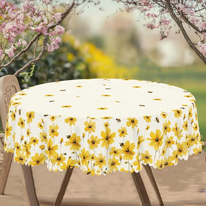 Couronne de fleurs du Jour de l'Indépendance Nappe rectangulaire imperméable Fleur étoile rouge bleue Drapeau USA Housse de table pour dîner cuisine Round(180)Cm