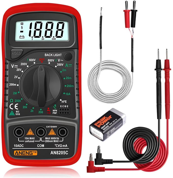 Multimeter Digitaal - AC/DC Spanning, Stroomsterkte, Weerstand & Capaciteit Tester met LCD en Achtergrondverlichting