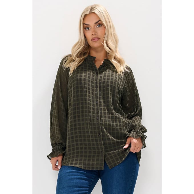 Yours Khakigroene Blouse Met Textuur En Ruches Aan De Hals Size 48