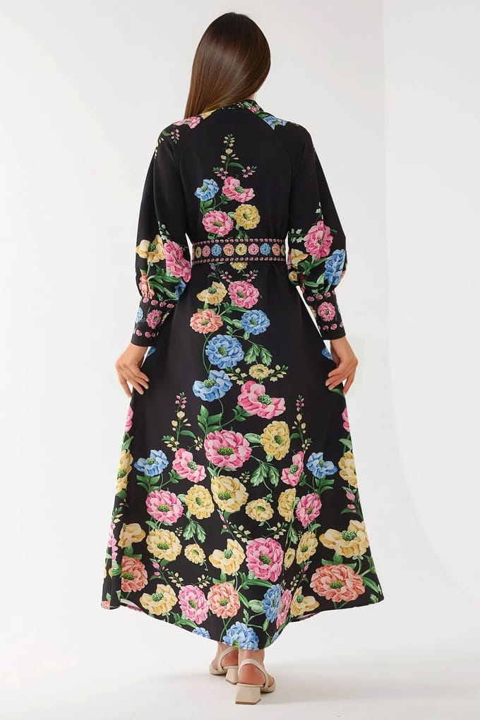Geprinte Lange Mouwen Maxi Dress met Riem