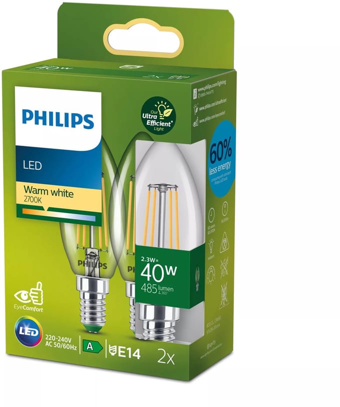 Philips Ultra Efficient LED kaarslamp Transparant - 40 W - E27 - Warmwit licht