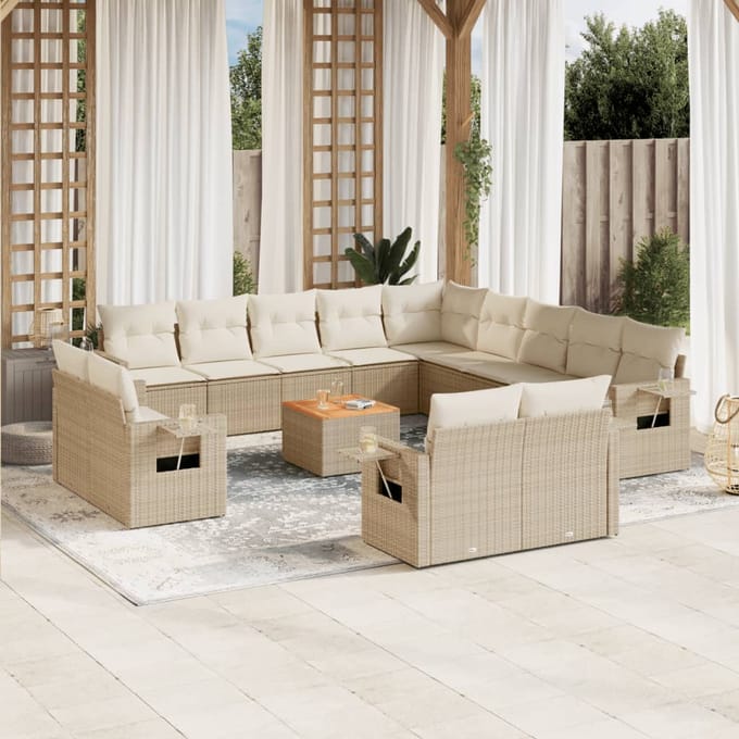 vidaXL - 14-delige - Loungeset - met - kussens - poly - rattan - beige