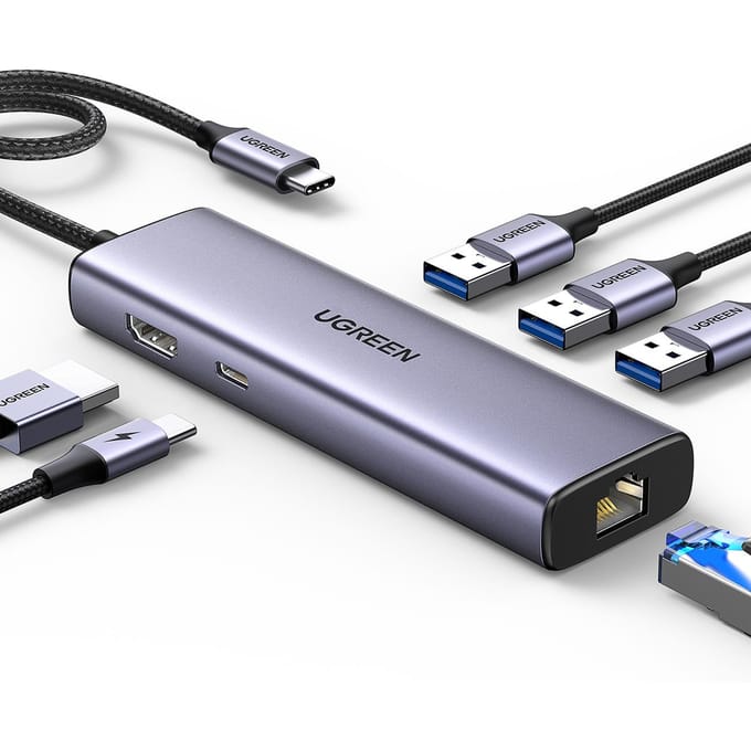 Ugreen CM512 - USB-C HUB Adapter - 3x USB-A 3.0 - HDMI - RJ45 - USB-C PD - Grijs