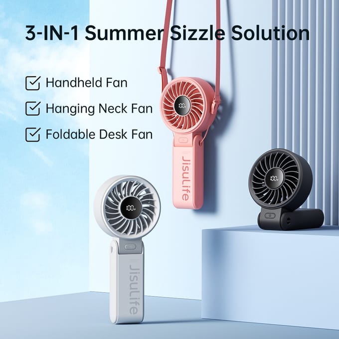 JISULIFE Draagbare handventilator, draagbare ventilator met LED-display [Max. koeling 19,5 uur] 5000mAh, 150 °   Bend, 5 snelheden, koord; 3-IN-1