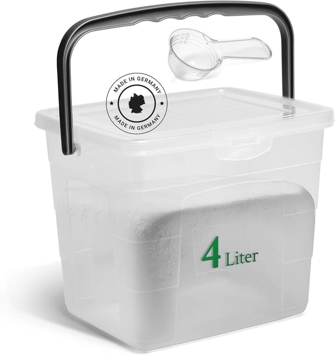 Novaliv wasmiddeldoos met deksel 4 liter transparant en maatschep 23,5 x 18 x 18,5 cm doos waspoeder bewaardoos met handvat wasmiddel bewaarmiddel wasmiddelcontainer waspoedercontainer