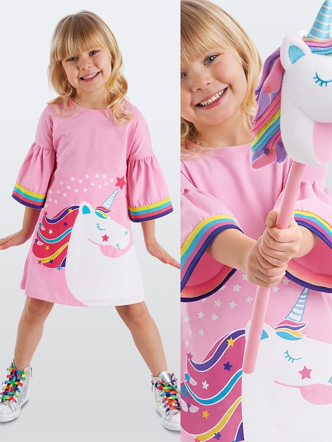 Denokids CFF-21Y2-005 Roze Meisjes Jurk Unicornprint 128